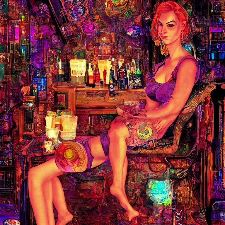 Prompt: beautiful psychedelic digital art of a beautiful cyberpunk lady in a cozy bar by Mad Dog Jones, Norman Rockwell and Ben Erdt