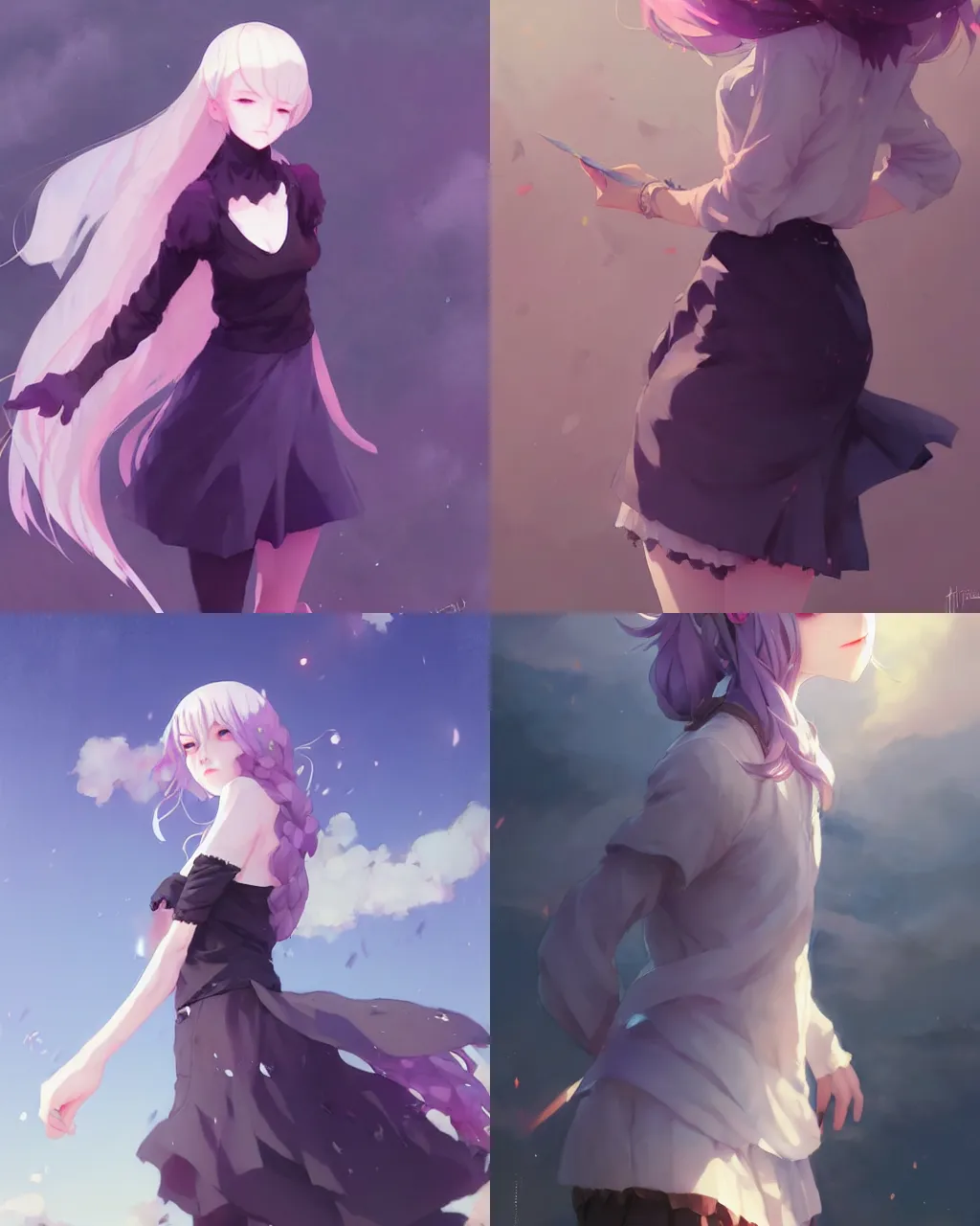 Prompt: a girl with lavender hair and black skirt, a beautiful half body illustration, top lighting, perfect shadow, soft painting, reduce saturation, leaning towards watercolor, art by hidari and krenz cushart and wenjun lin and lerapi