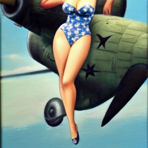 Prompt: Vintage pinup painting!!!! on b-25 bomber!!! of Christina Hendricks wearing 1940's swimsuit. Vintage color photograph, WWII, aircraft nose art!!!!!