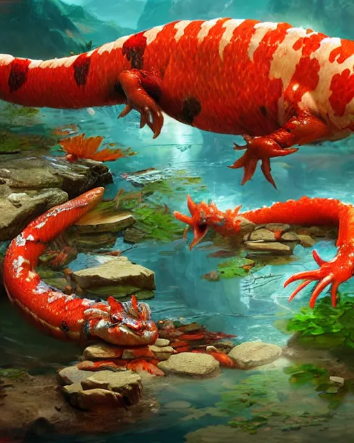 Prompt: game character beautiful pond dragon half fish half salamander, wet amphibious skin, red salamander, axolotl creature, koi pond, korean village by Ruan Jia and Gil Elvgren, fullbody