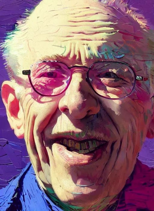 Prompt: portrait of a beautiful old man, smiling, ecstatic, dancing, eyes closed, open mouth, shades of pink and blue, beautiful face, rule of thirds, intricate outfit, spotlight, by greg rutkowski, by jeremy mann, by francoise nielly, by van gogh, digital painting