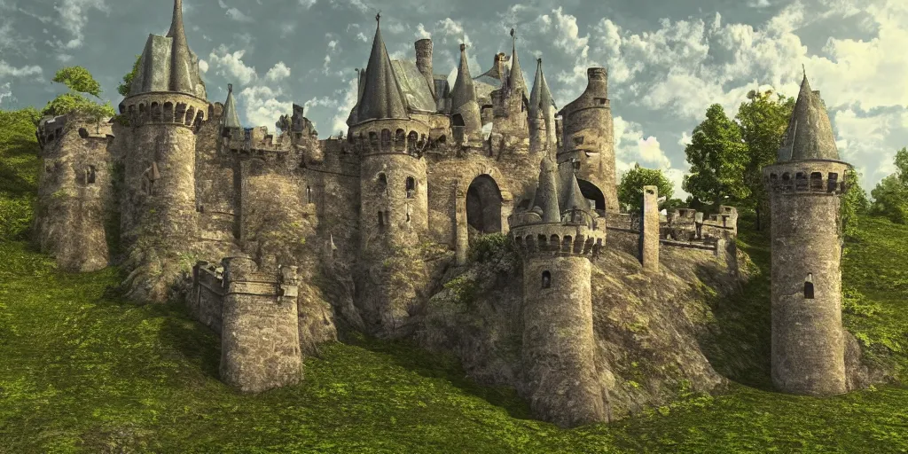 Prompt: an ancient broken down castle on a hill with trees growing through it, high definition, high detail, photorealistic, 8k
