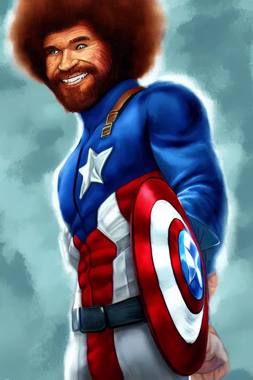 Image similar to Bob Ross as Captain America, digital painting