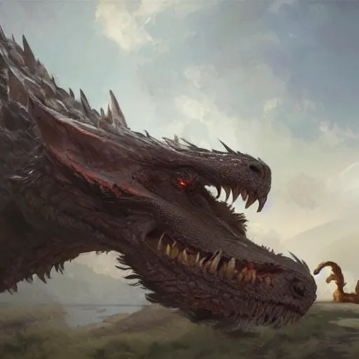 Image similar to the side view of a dog, a little terrier, touching his nose to the nose of a huge dragon, beautiful fantasy painting by greg rutkowski