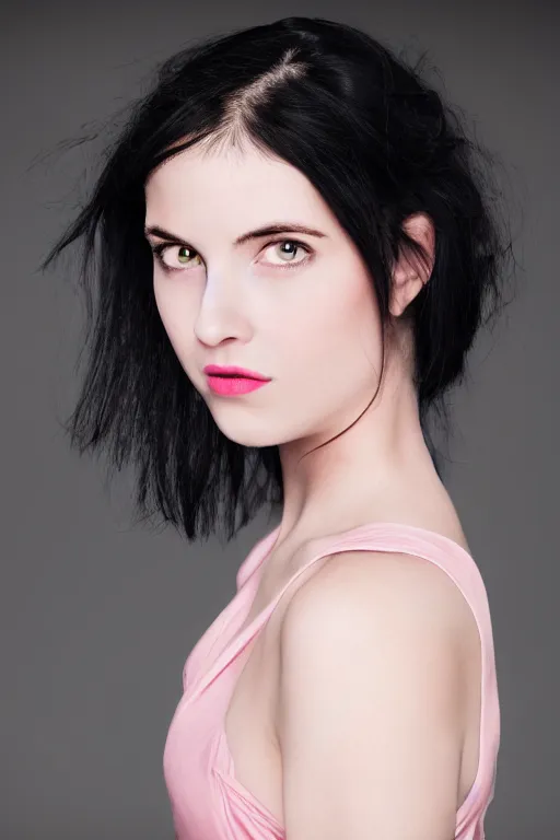 Image similar to a digital art of a thin white girl with rosy cheeks, shiny arms, shoulder - length black hair, thin eyebrows, light pink lips, long white dress, studio lighting