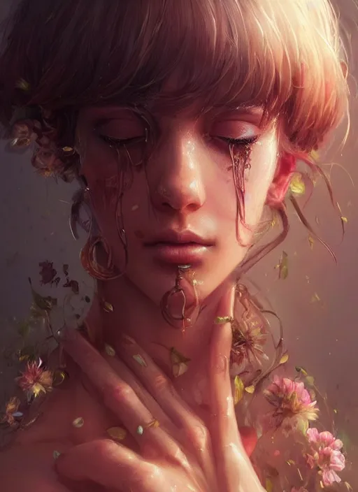 Image similar to beautiful, young woman, extremely detailed gorgeous face, looks realistic, hyper-detailed portrait, sad eyes tears, vaporwave aesthetic, synthwave, magical, fantasy, flowers, artist Artgerm and Greg Rutkowski and WLOP