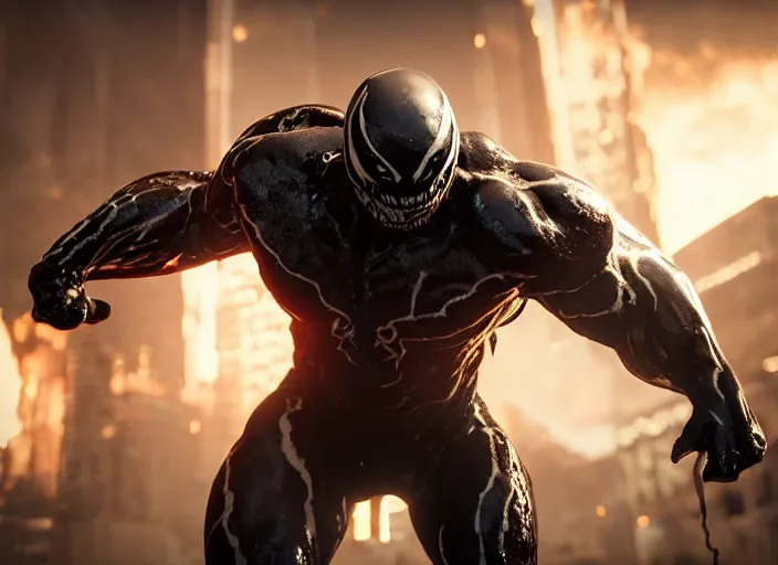 Image similar to venom fused with doomslayer, ultra realistic 4 k unreal engine very cinematic render with ray tracing bloom ambient occlusion strong reflections depth of field fog