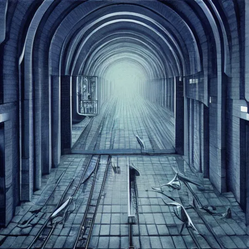 Image similar to and endless train station, it goes in forever, dreamscape surreal masterpiece. Zdzislaw, barlowe. 8k.