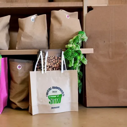 Prompt: Shopify shopping bag filled with peanuts