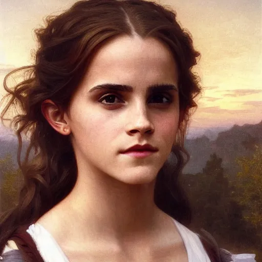 Image similar to Painting of Emma Watson as Hermione Granger. Art by william adolphe bouguereau. During golden hour. Extremely detailed. Beautiful. 4K. Award winning.