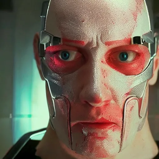 Image similar to movie still of a villain cyborg, facial expression, cinematic composition, cinematic light, surreal cinema, pastel color scheme, by edgar wright and david lynch,