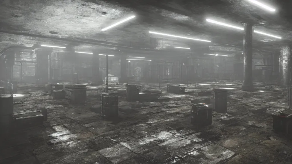 Image similar to a dark ransacked underground laboratory, photorealistic, cryengine 8 k uhd