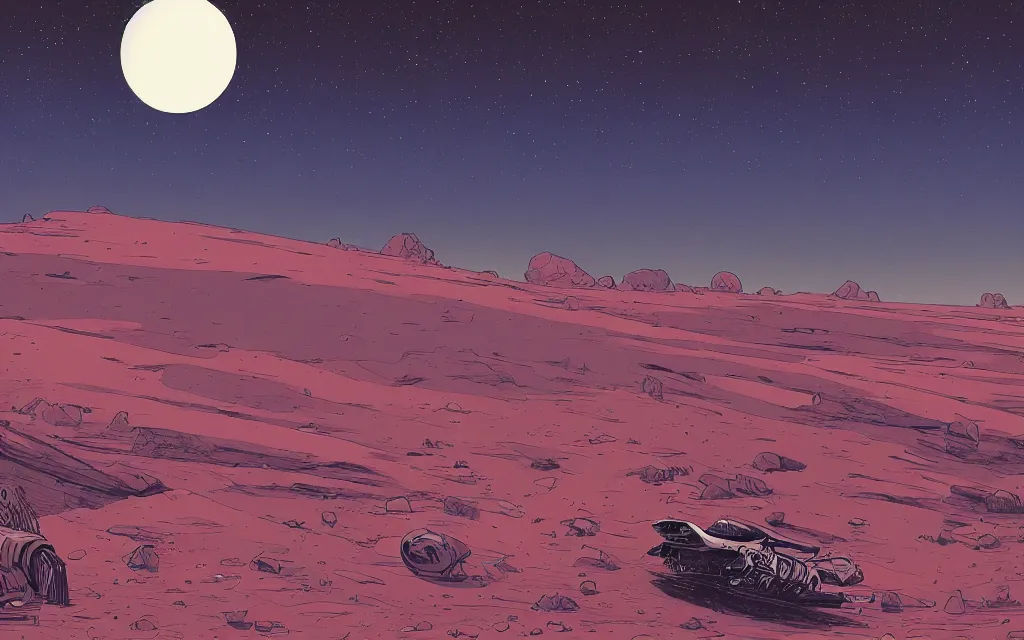 Prompt: very detailed, prophet graphic novel, ilya kuvshinov, mcbess, rutkowski, simon roy, illustration of a giant crashed space ship on a desert planet, wide shot, colorful, cinematic composition, astrophotography