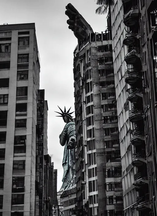 Prompt: giant monster walking between buildings, and it has the angry face of the statue of liberty