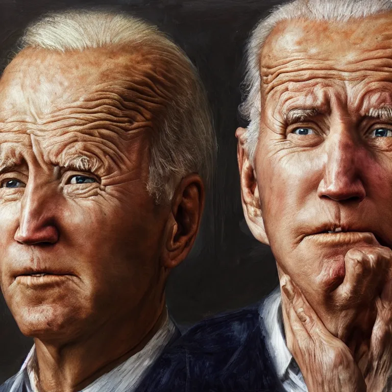 Image similar to hyperrealistic close up studio portrait of aging old Joe Biden age 103 wrinkled sad, oil painting by Ivan Albright and Lucian Freud and Ron Mueck, trending on artstation Studio lighting hyperrealism