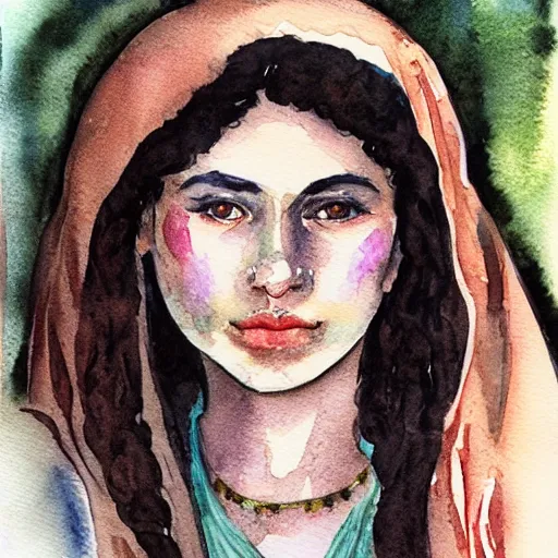 Prompt: Portrait of young gypsy woman. Fortune teller. Watercolor