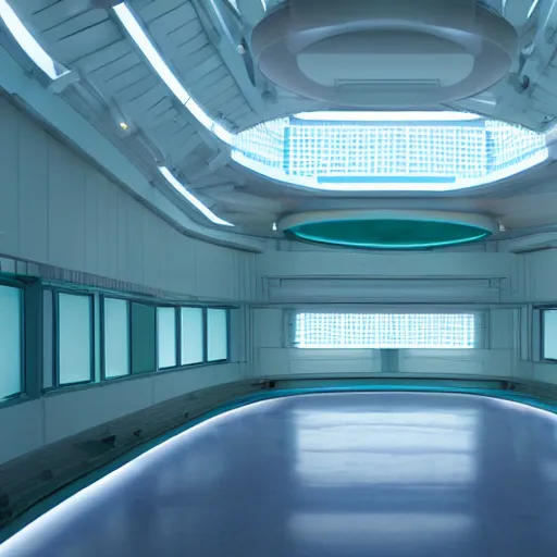 Prompt: liminal space - station interior, large open room, gentle blue and green lighting, futuristic, angular design