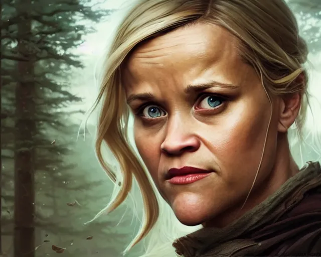 Image similar to highly detailed portrait of reese witherspoon, in the walking dead, stephen bliss, unreal engine, fantasy art by greg rutkowski, loish, rhads, ferdinand knab, makoto shinkai and lois van baarle, ilya kuvshinov, rossdraws, tom bagshaw, global illumination, radiant light, detailed and intricate environment