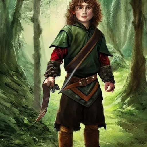 Image similar to a young warrior hobbit in leather armor with short hair and a dark green cloak hiking through the forest holding a hunting bow, trending on artstation, realistic, detailed, by Tony Sart