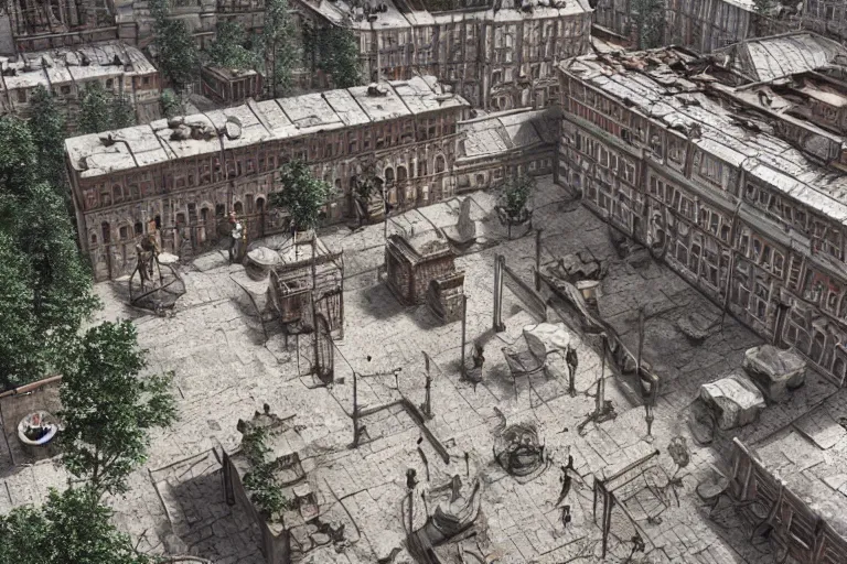 Image similar to a Moscow old courtyard with mud and an old playground between two soviet five-storey panel houses, Brutalism, high details, cinematic, 8k resolution, beautiful detailed, insanely intricate details, artstation trending, octane render, unreal engine