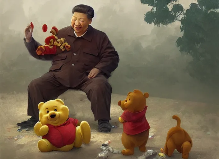 Prompt: portrait of Xi Jinping playing with Winnie the Pooh in a trashy Chinese dirt poor temple, beta weak male, digital painting, concept art, smooth, sharp focus, illustration, from Metal Gear, by Ruan Jia and Mandy Jurgens and William-Adolphe Bouguereau, Artgerm