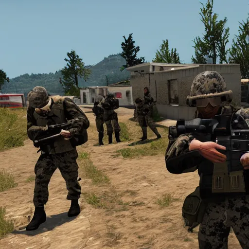 Prompt: arma 3 screenshot, us marine platoon