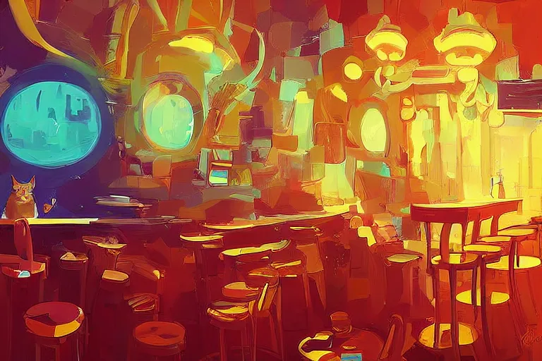 Image similar to a digital art of a cat sits on a chair in a bar in the afternoon, the sun shines in, animal, light effect, highly detailed, by anton fadeev