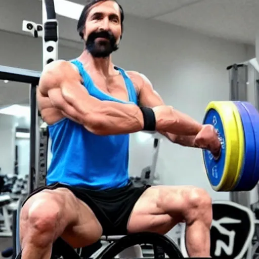 Image similar to pablo echenique robba as a bodybuilder in a gym lifting weights sitting in his wheelchair