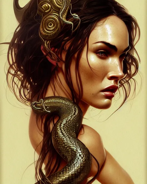 Prompt: portrait of megan fox as medusa, snake hair, serpent hair, greek mythology, intricate, headshot, highly detailed, digital painting, artstation, concept art, sharp focus, cinematic lighting, illustration, art by artgerm and greg rutkowski, alphonse mucha, cgsociety