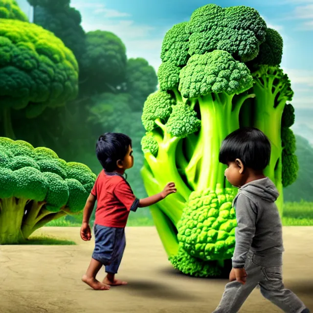 Image similar to epic professional digital art of an East Indian toddler boy walking beside a giant anthropomorphic friendly broccoli, best on artstation, cgsociety, wlop, Behance, pixiv, astonishing, impressive, outstanding, epic, cinematic, stunning, gorgeous, breathtaking science fiction art, masterpiece.