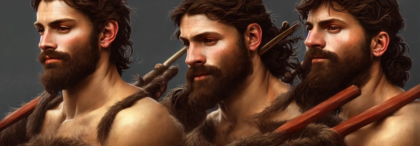 Image similar to renaissance upper body portrait of a gruff ranger with a spear, lean and toned, handsome face, hairy chest, D&D, intricate, elegant, highly detailed, digital painting, artstation, concept art, matte, sharp focus, illustration, art by da Vinci, Artgerm and Greg Rutkowski and Alphonse Mucha