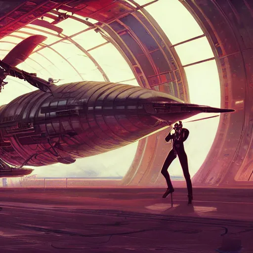 Image similar to concept art, retro - futurist steampunk pilot, airship hangar, imperious, octane render, artstation, dramatic neon lighting, glowing imperial motifs, eerie, mysterious, red turquoise accents, bladerunner, by gerald brom, james jean, syd mead, akihiko yoshida, cinematic w 1 0 2 4