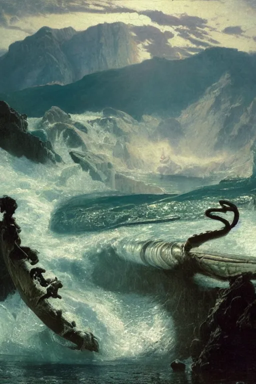 Image similar to a sea serpent emerges from lake in canadian rockies, water splashes cascades, beautiful day, by albert bierstadt, ruan jia, lawrence alma tadema, zdzislaw beksinski, carl spitzweg, everett raymond kinstler, norman rockwell, jack kirby, tom lovell, greg staples