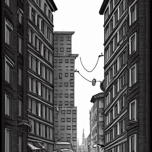 Prompt: a drawing of a city street with a tall building, a storybook illustration by carles delclaux is, behance contest winner, new objectivity, streetscape, storybook illustration, matte drawing