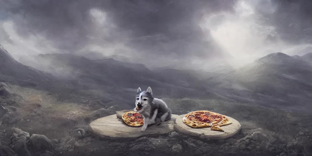 Prompt: breathtaking detailed concept art painting of a pomsky dog eating pizza on the top of a hill. beneath the hill is a tiny village, by hsiao - ron cheng, extremely moody lighting, 8 k