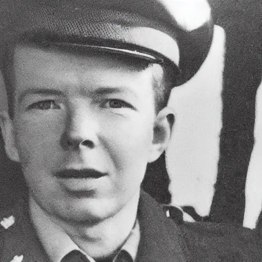 Prompt: Rick Astley as a soldier during WW2, grainy monocolour photo