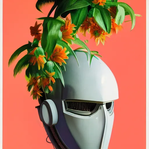 Image similar to a 3 d vaporwave painting by syd mead of a bipedal robot head with flowers growing out of the top, trending on artstation, masterpiece, incredible details