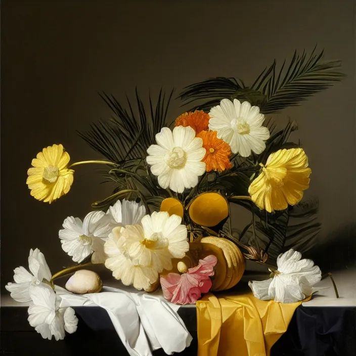 Image similar to still life painting of a beautiful bouquet of flowers by pieter claesz, palm trees in the background, oil on canvas, strong lighting, highly detailed, hyper realism, golden hour, god rays, hd, 4 k