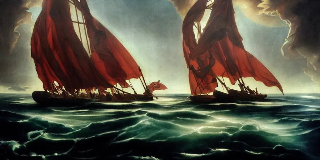 Image similar to Odysseus's ship sailing past the island of the sirens, by Rolf Armstrong and Evelyn De Morgan and Bastien Lecouffe-Deharme, dramatic lighting, high contrast colors, baroque, empyrean, panoramic view, as trending on Artstation, highly detailed, doom engine,