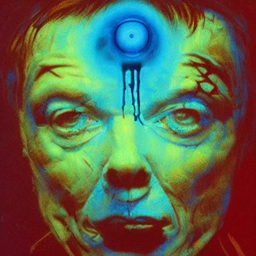 Image similar to rowdy roddy piper, art by beksinski and pauline baynes, trending on artstation, iridescent cool blue and cyan and red and blue and yellow and green lighting camera view from above surrealism, very very intricate, concept art, fisheye lens, situationist international