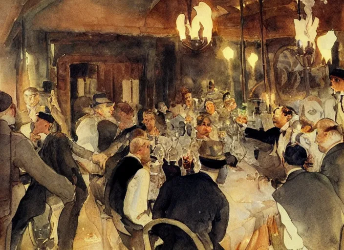 Image similar to gentlemens dinner, singing, roaring twenties, cellar, masterpiece, torches on wall, meat, wine, schnapps, watercolor by anders zorn and carl larsson, art nouveau