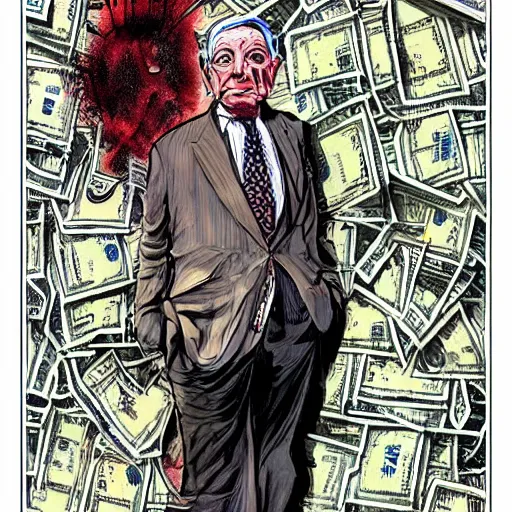 Image similar to George Soros full body shot, dollar bills Body horror, biopunk, by Ralph Steadman, Francis Bacon, Hunter S Thompson