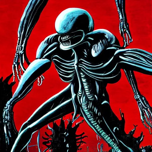 Prompt: xenomorph painting by frank miller