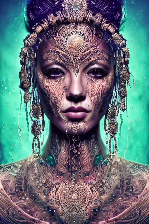 Image similar to a centered render of an mytical festival hippy with tribal tattoos wearing intricate metallic clothing surrounded by a underwater ink pour and flowing liquid gallium and sacred geometry, perfect body and face, gorgeous, cinematic, beautifully lit, by alberto seveso, by karol bak, by donato giancola, 3 d, trending on artstation, octane render, 8 k