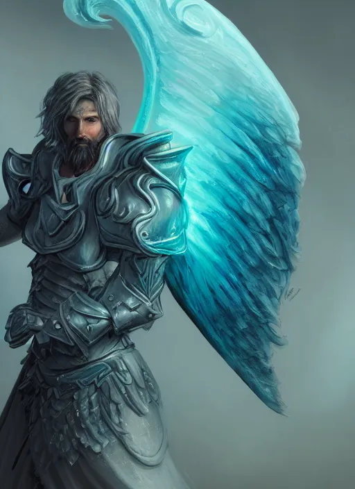 Prompt: an epic fantastic realism comic book style portrait painting of an aasimar paladin, teal energy, male, big angel wings on back, silver hair, short brown beard, d & d concept art, unreal 5, daz, hyperrealistic, octane render, cosplay, rpg portrait, dynamic lighting