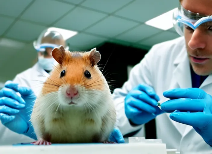 Image similar to film still of a hamster working in a research lab finding the cure for cancer, 8 k