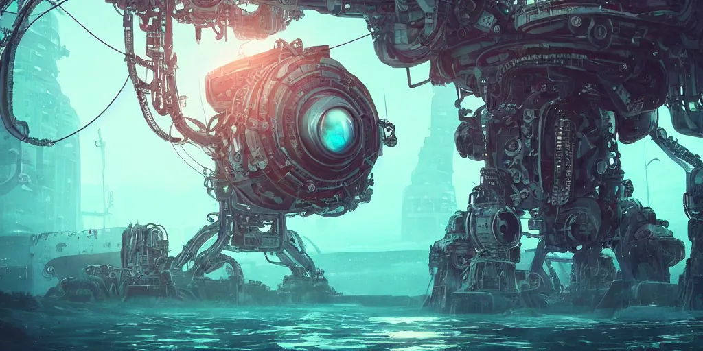 Prompt: huge mechanical creature robot in the middle, its big round eye facing the camera, the eye emits a radiating glowing aura, symmetrical, global illumination, ray tracing, underwater background, diesel punk vibes, hdr, fanart, artstation, by ian pesty and alena aenami, artworks, 4 k