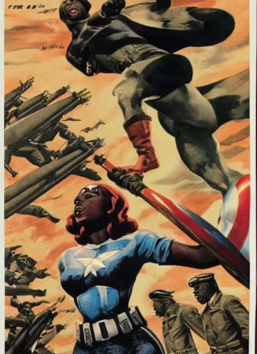 Image similar to beautiful black female captain america standing on a pile of defeated german soldiers. feminist captain america wins wwii. american wwii propaganda poster by james gurney