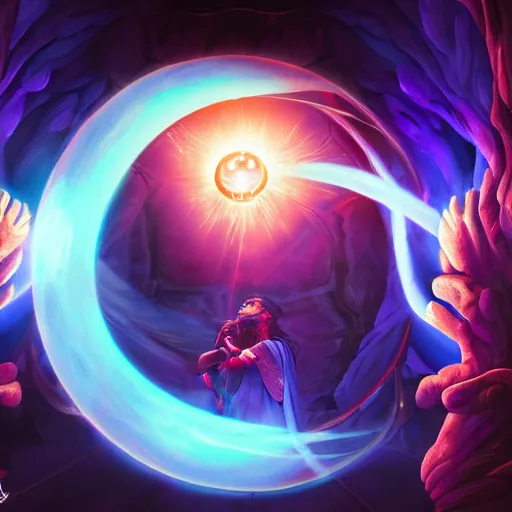 Prompt: Wizard conjuring an orb through a nexus portal, epic lighting, saturated colors, extremely detailed
