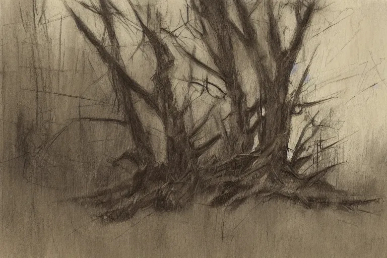 Image similar to graphite sketch of a dead stump of a tree at a rural crossroad, by jeremy mann